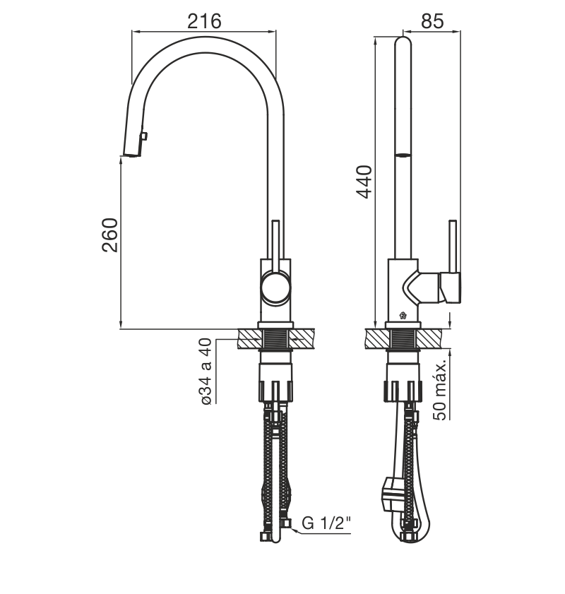 0412.01/87-CR COCINA MONOCOMANDO TEMPLE CON ROCIADOR EXTRAIBLE CROMO FV
