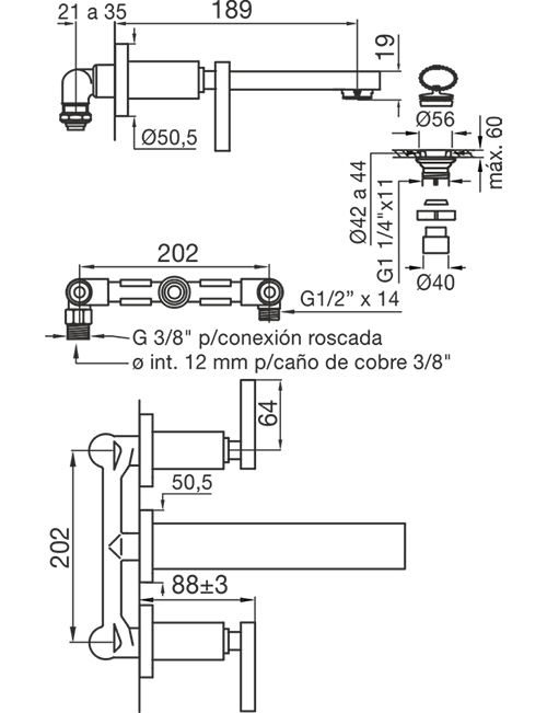 0203R/85L-CR LAVATORIO PARED LEVER DOMINIC CROMO FV